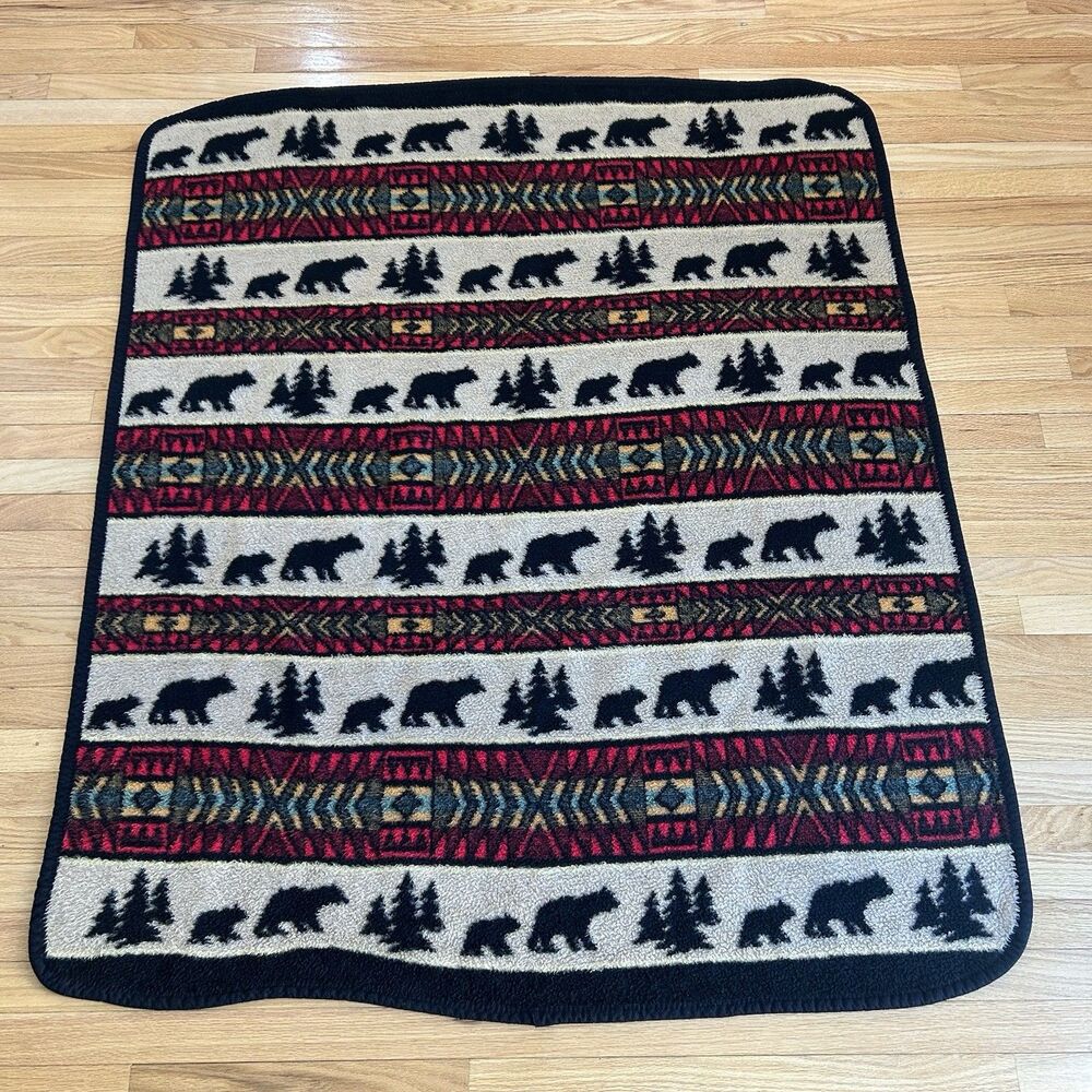 Cabin Lodge Bear Throw Blanket Rustic Southwestern Fleece 56x48 Red Black